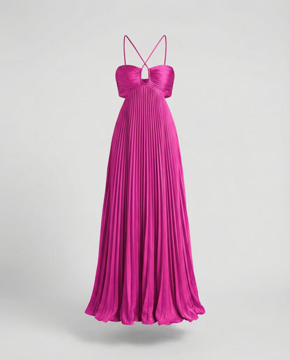 Women's Pleated Floor-length Maxi Dress with Cut-outs - Magenta colorway