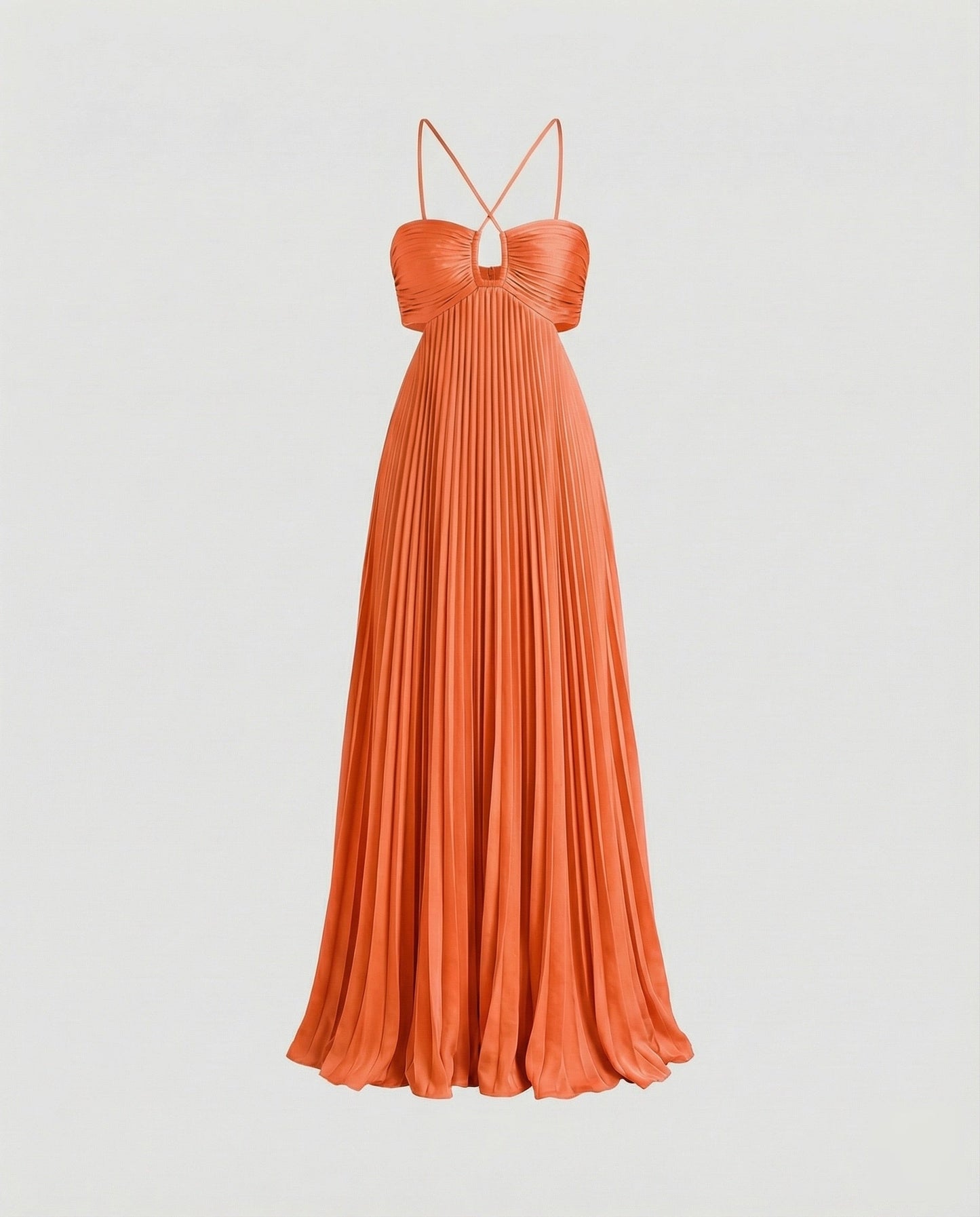 Women's Pleated Floor-length Maxi Dress with Cut-outs - Orange colorway