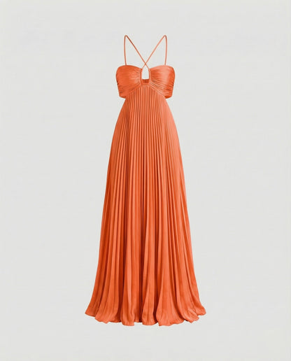 Women's Pleated Floor-length Maxi Dress with Cut-outs - Orange colorway