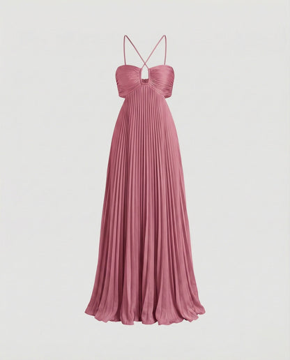 Women's Pleated Floor-length Maxi Dress with Cut-outs - Pink colorway