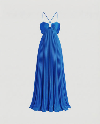 Women's Pleated Floor-length Maxi Dress with Cut-outs - Royal Blue colorway