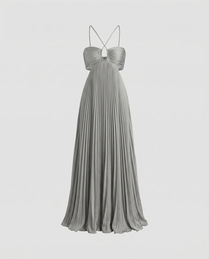Women's Pleated Floor-length Maxi Dress with Cut-outs - Silver Grey colorway