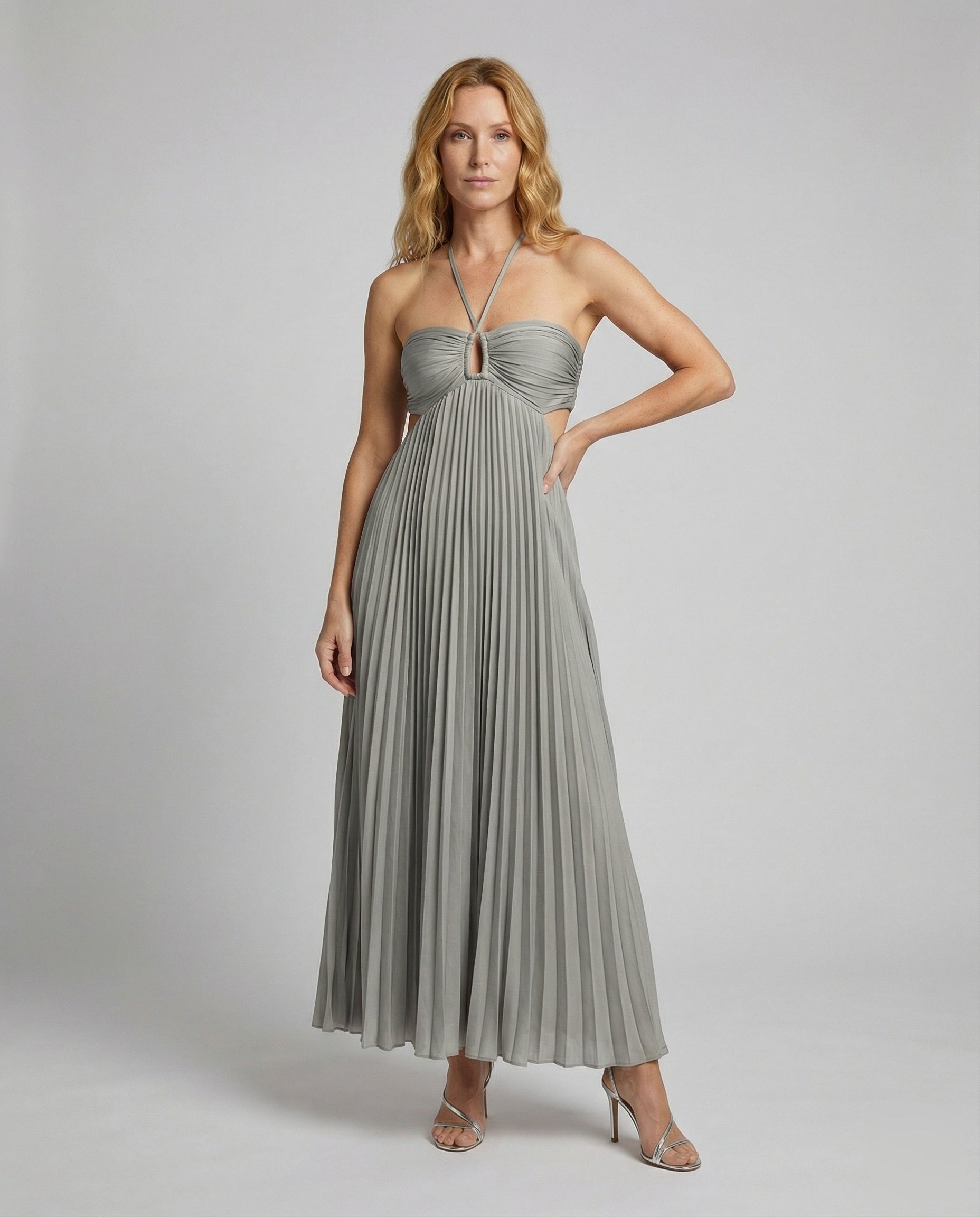 Women's Pleated Floor-length Maxi Dress with Cut-outs - front view