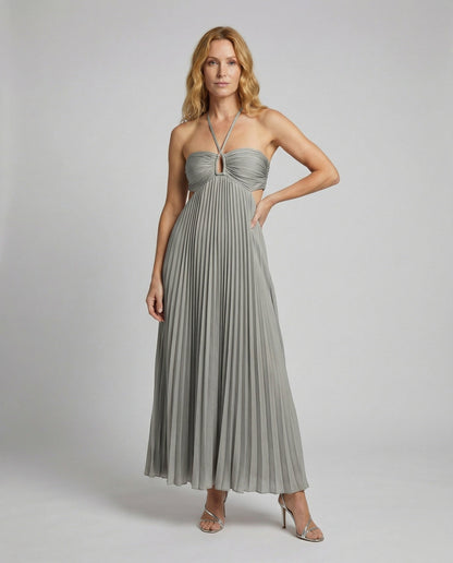 Women's Pleated Floor-length Maxi Dress with Cut-outs - front view