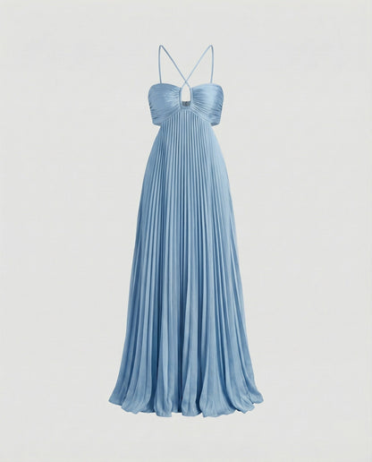 Women's Pleated Floor-length Maxi Dress with Cut-outs - Turquoise colorway