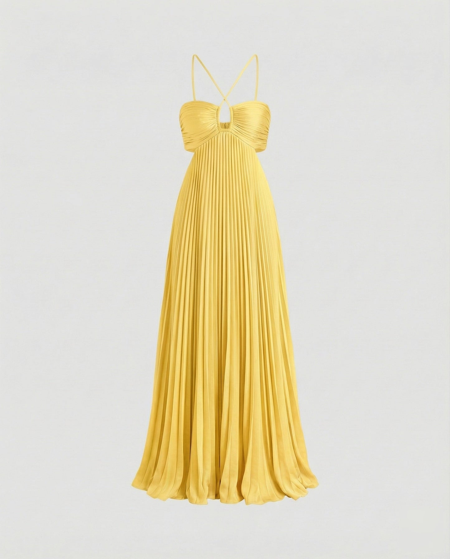 Women's Pleated Floor-length Maxi Dress with Cut-outs - Yellow colorway