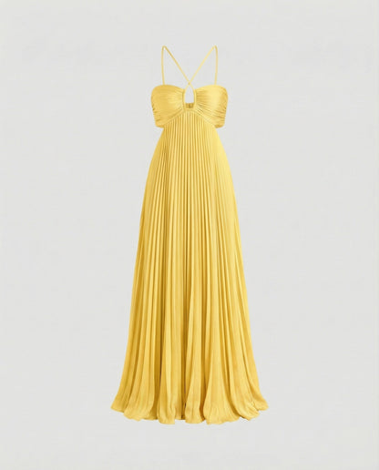 Women's Pleated Floor-length Maxi Dress with Cut-outs - Yellow colorway