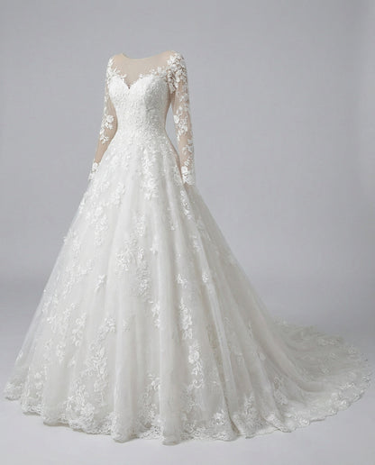 Women's Princess Bridal Dress Lace Long Sleeve Train - White colorway