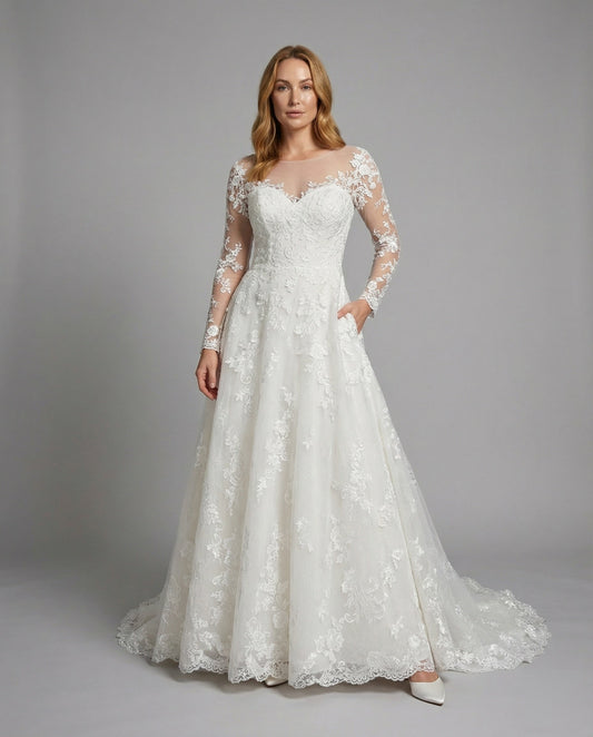 Women's Princess Bridal Dress Lace Long Sleeve Train - front view
