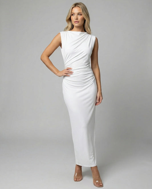 Women's Satin Maxi Dress with Draping - front view