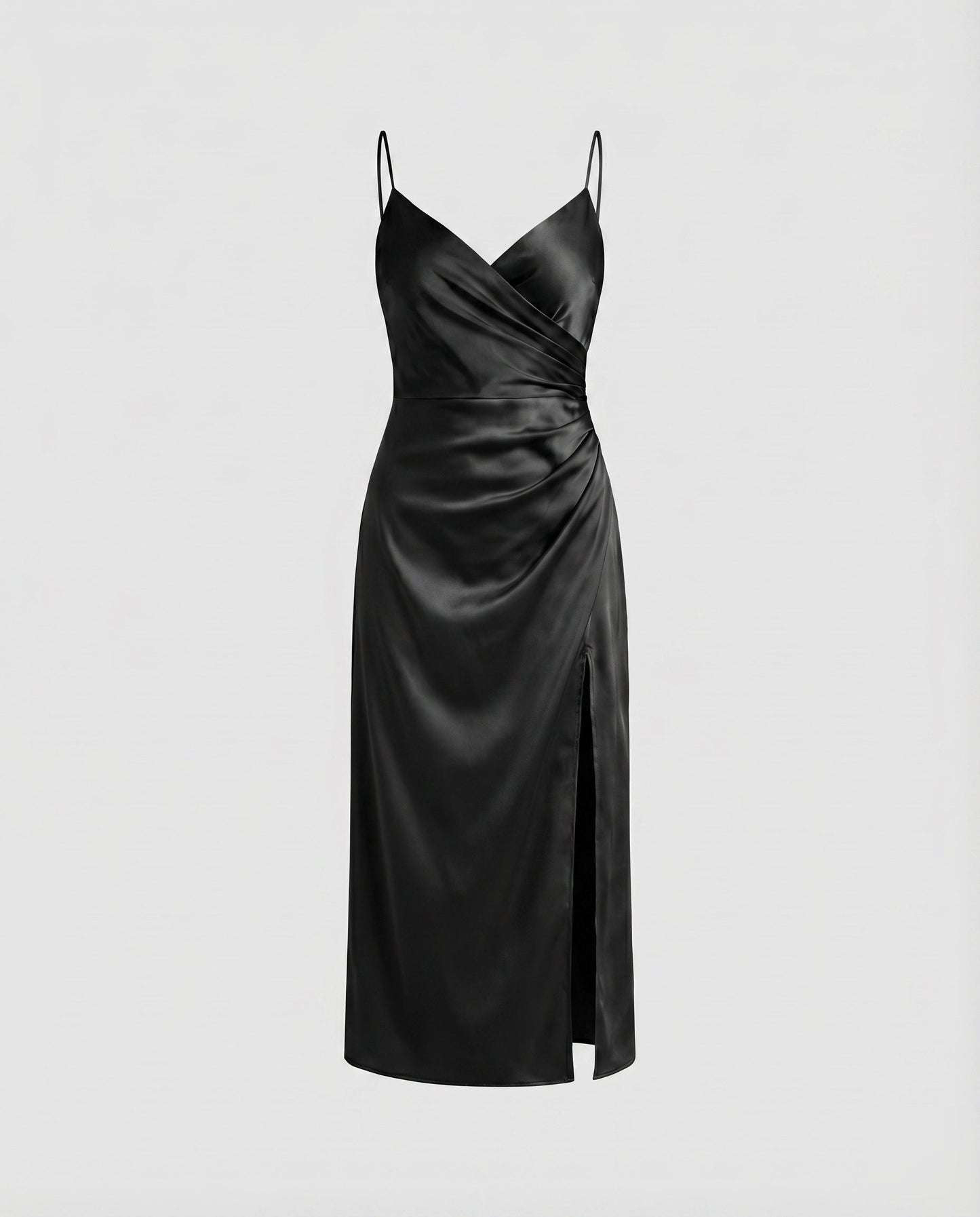 Women's Satin Midi Dress V-Neck Diagonal Cut Side Slit - Black colorway