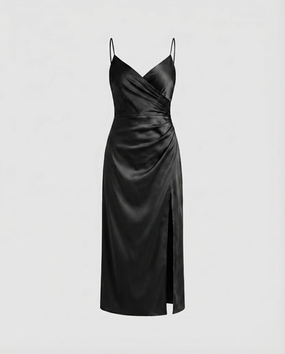 Women's Satin Midi Dress V-Neck Diagonal Cut Side Slit - Black colorway