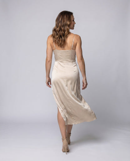 Women's Satin Midi Dress V-Neck Diagonal Cut Side Slit - back view