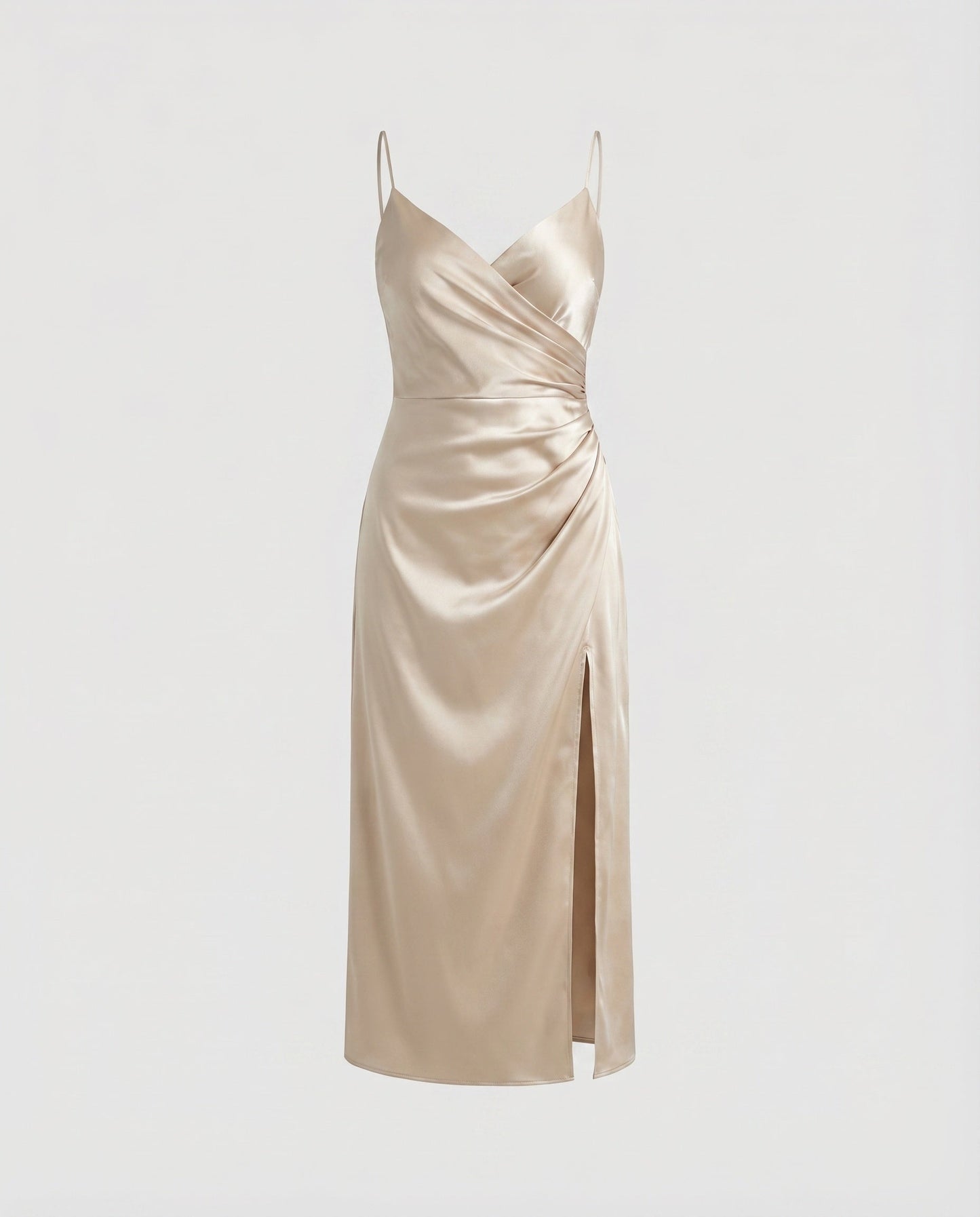 Women's Satin Midi Dress V-Neck Diagonal Cut Side Slit - Champagne colorway