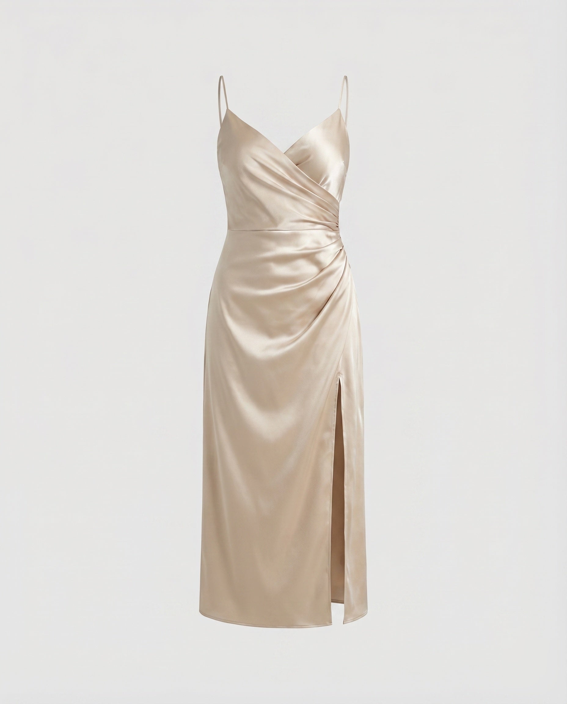 Women's Satin Midi Dress V-Neck Diagonal Cut Side Slit - Champagne colorway