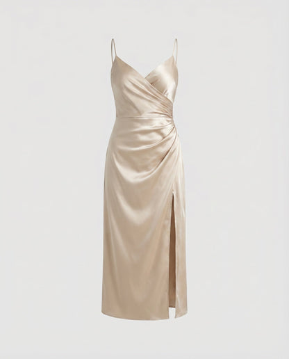 Women's Satin Midi Dress V-Neck Diagonal Cut Side Slit - Champagne colorway