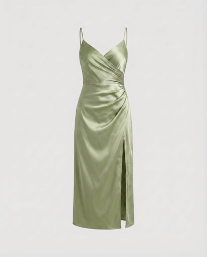 Women's Satin Midi Dress V-Neck Diagonal Cut Side Slit - Green colorway