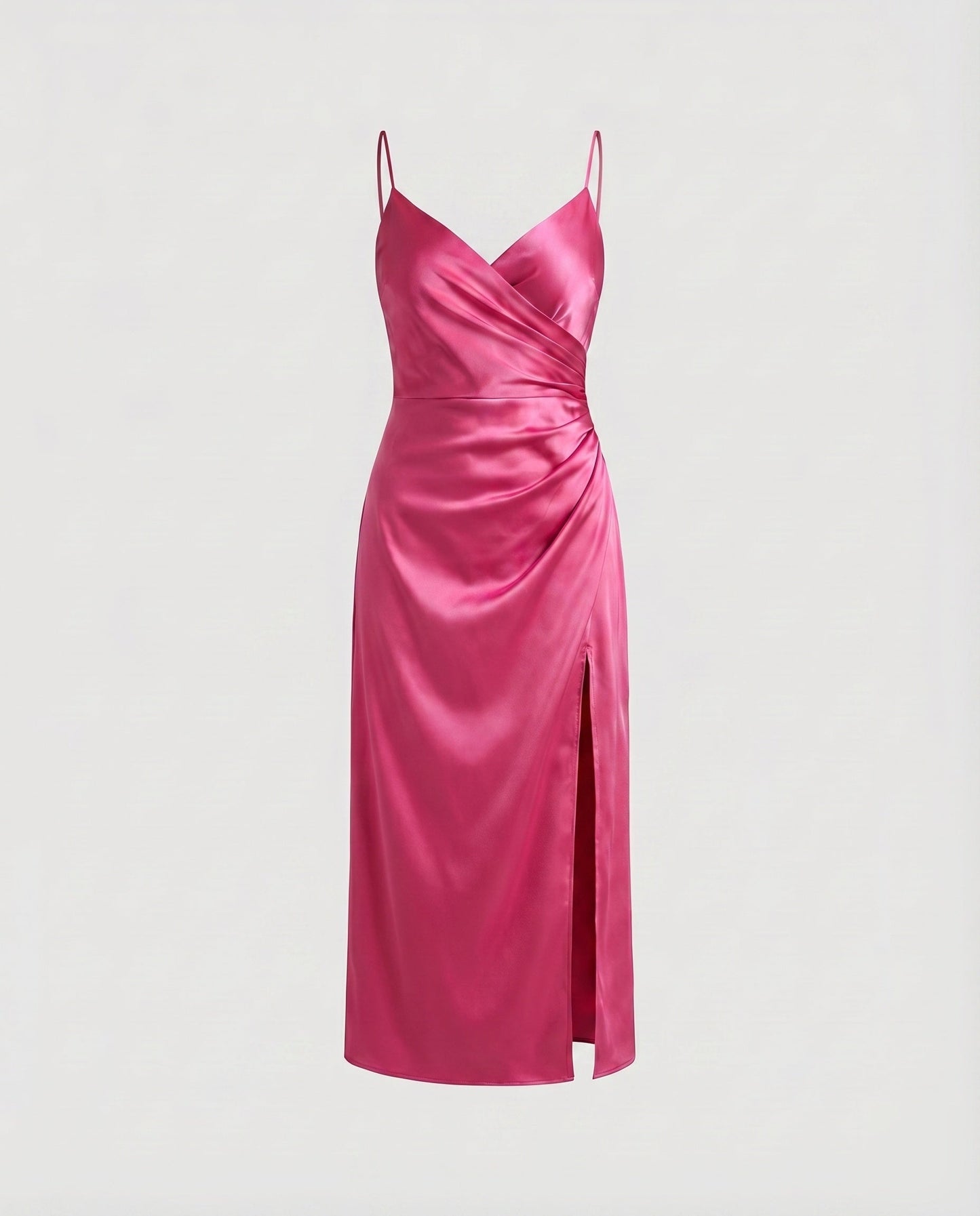 Women's Satin Midi Dress V-Neck Diagonal Cut Side Slit - Magenta colorway