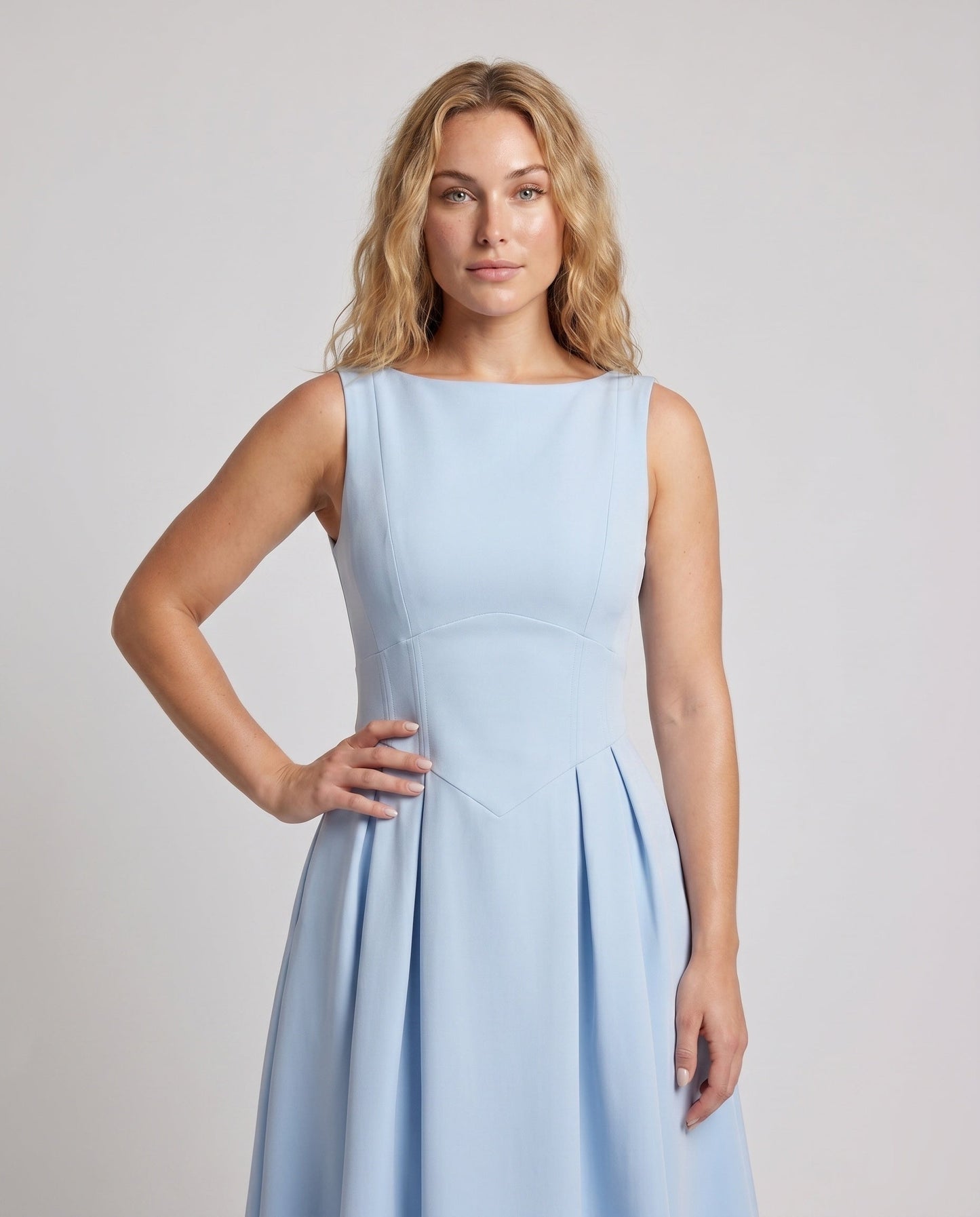 Women's Sheath Dress with Wide Swinging Skirt and Elegant Neckline - upper body detail