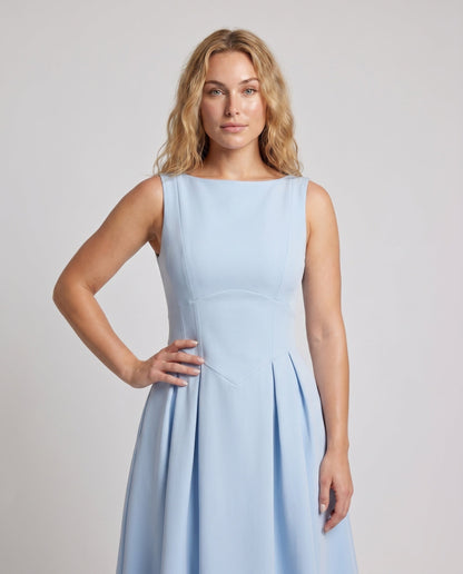 Women's Sheath Dress with Wide Swinging Skirt and Elegant Neckline - upper body detail
