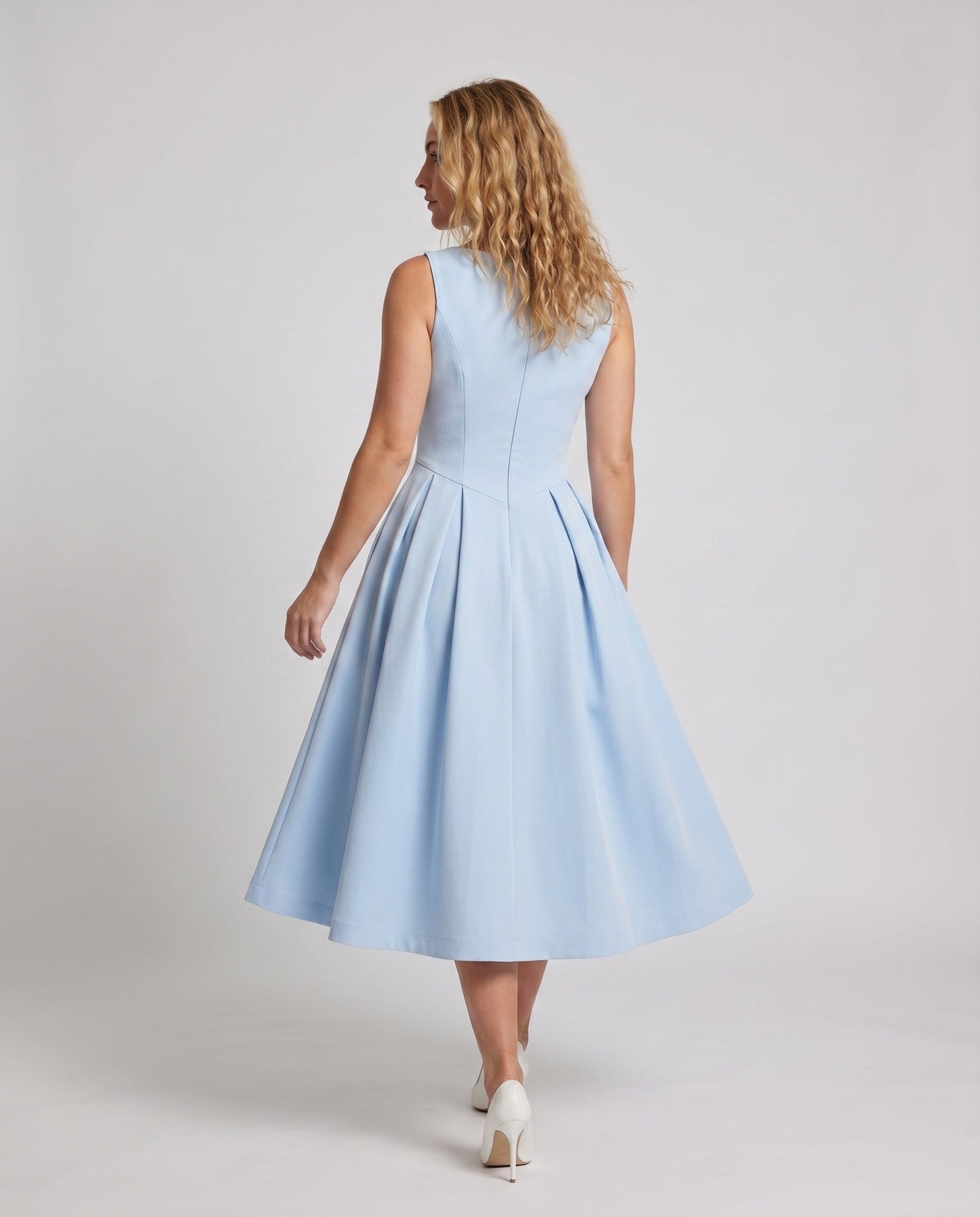 Women's Sheath Dress with Wide Swinging Skirt and Elegant Neckline - back view