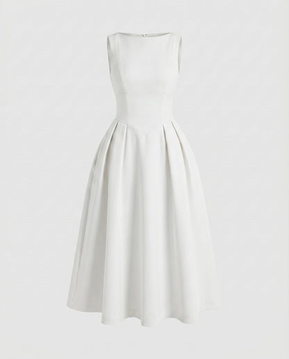 Women's Sheath Dress with Wide Swinging Skirt and Elegant Neckline - White colorway
