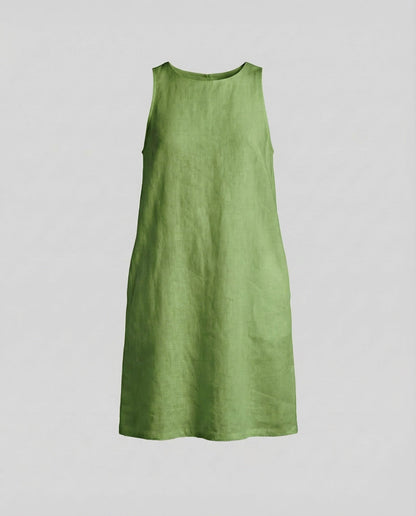Women's Shift Dress Linen Blend Round Neck - Green colorway