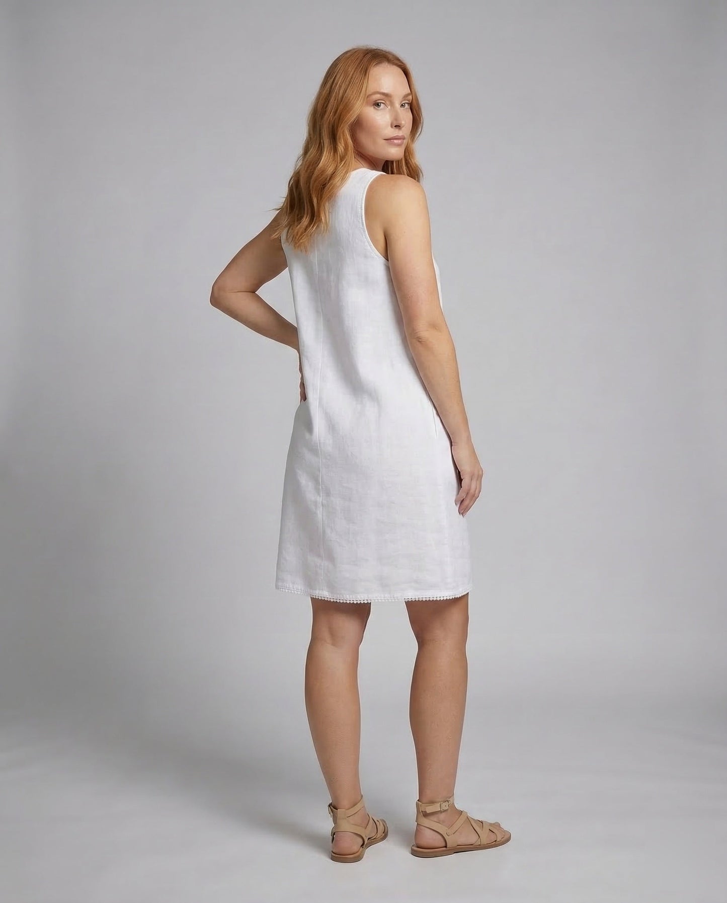 Women's Shift Dress Linen Blend Round Neck - back view