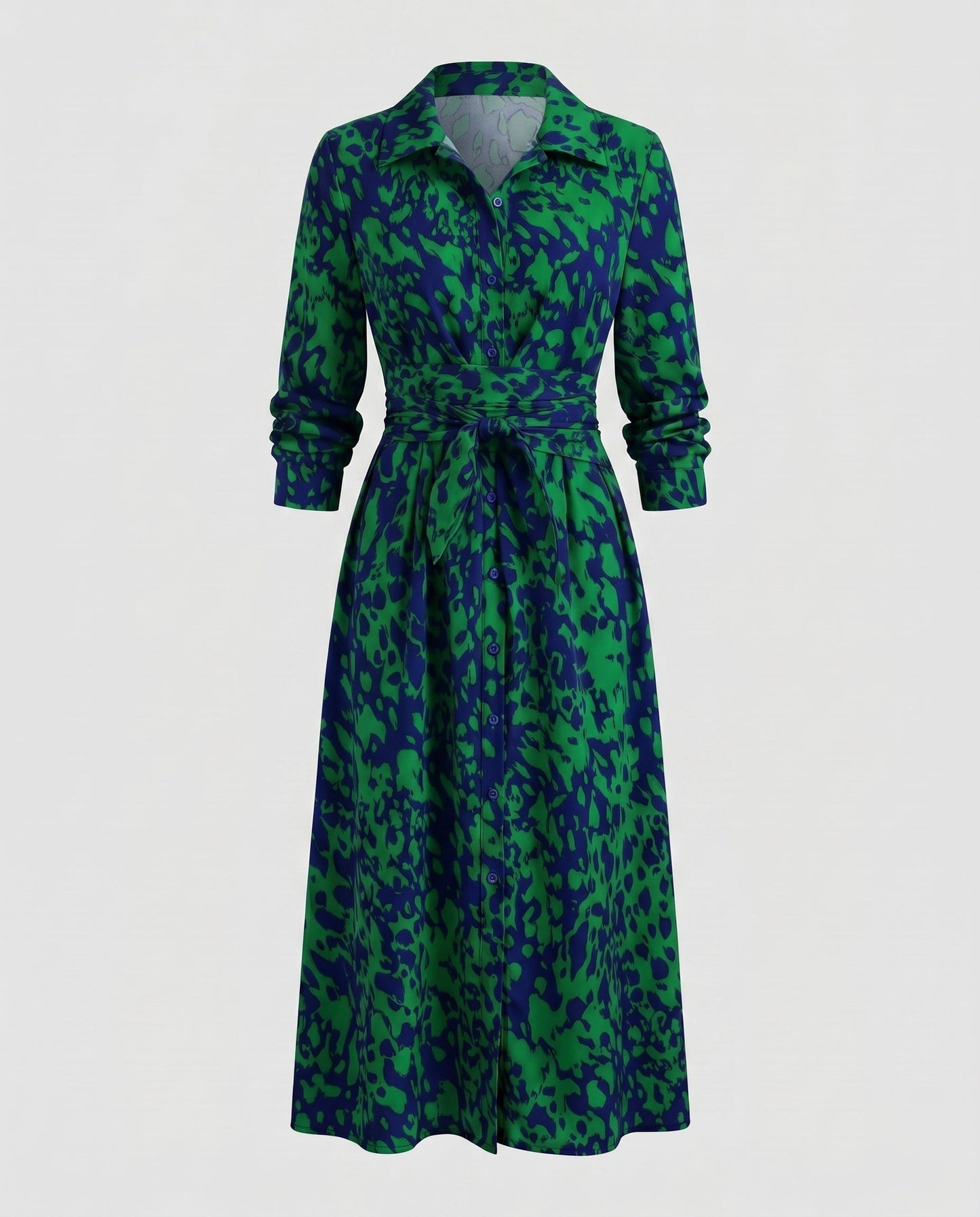 Women's Shirt Dress with Refined Waistline and Slit - Green colorway