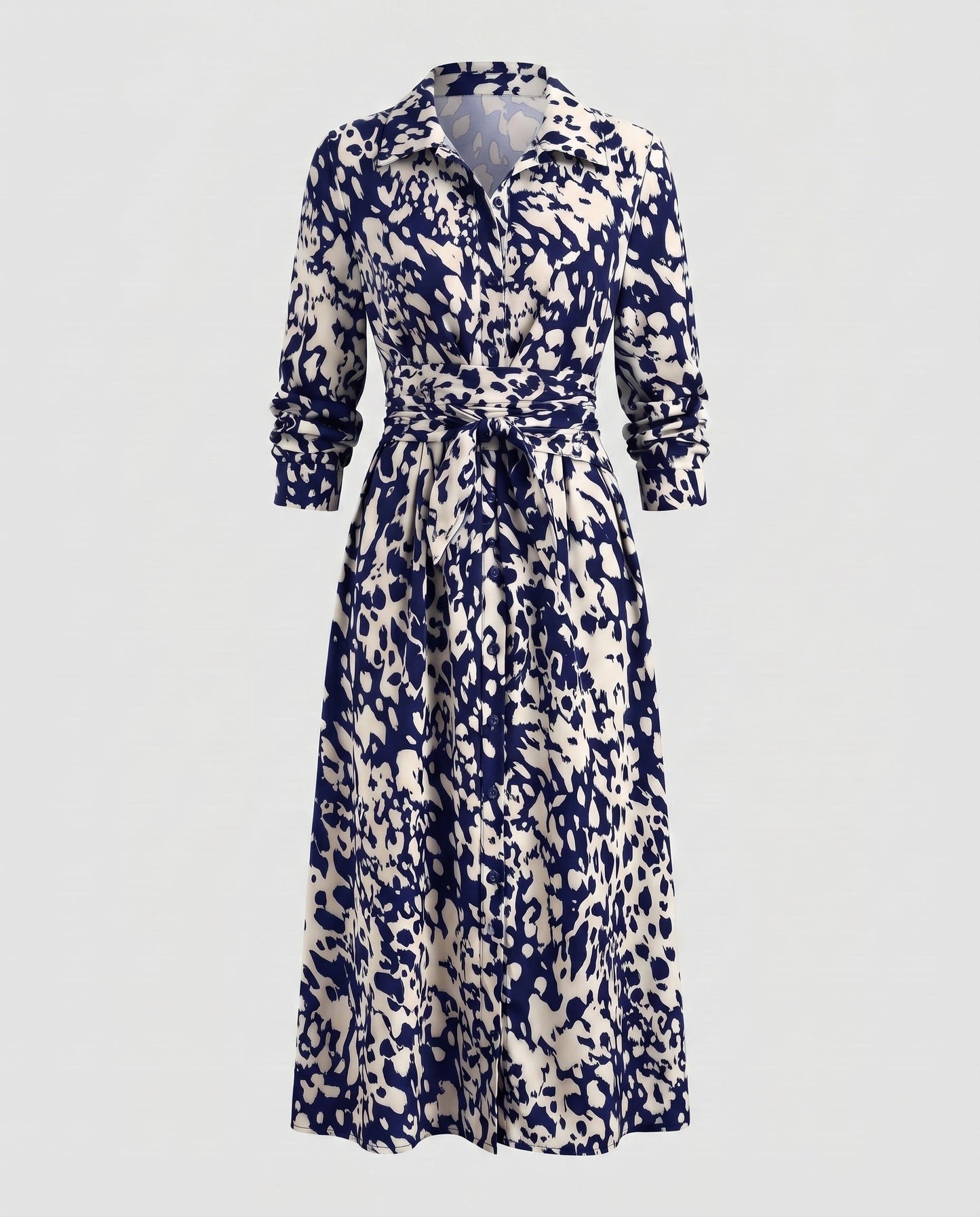 Women's Shirt Dress with Refined Waistline and Slit - Navy Blue colorway