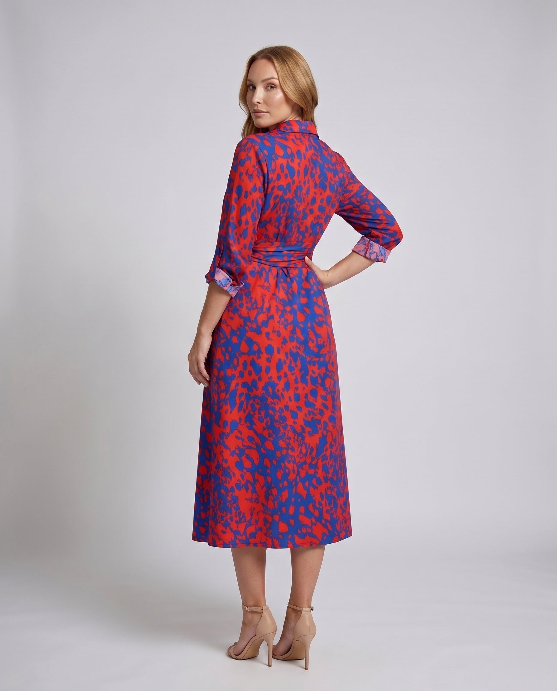Women's Shirt Dress with Refined Waistline and Slit - back view