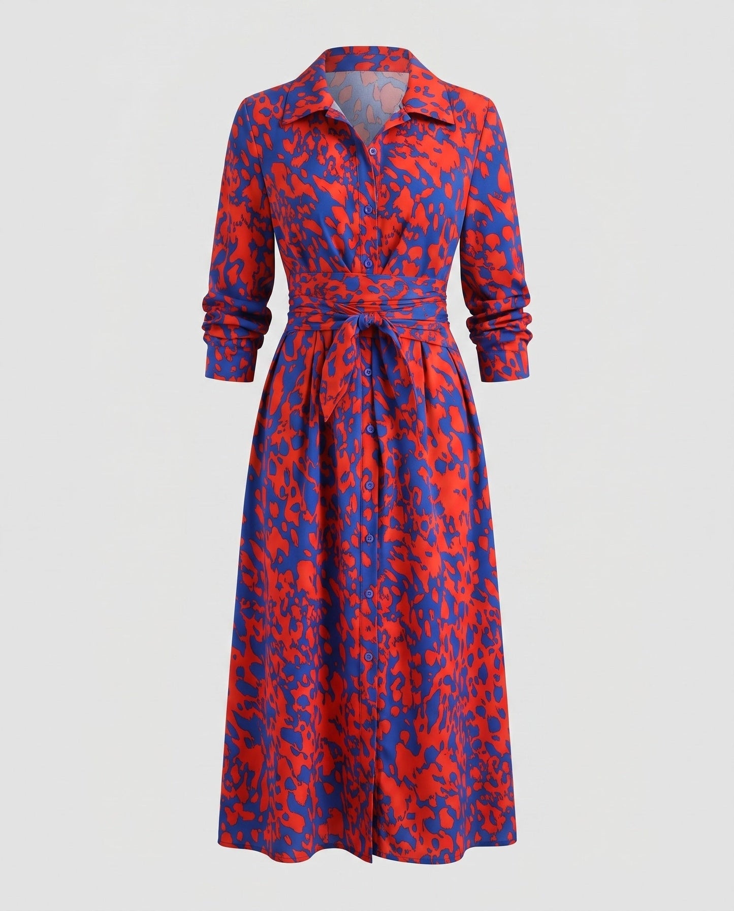 Women's Shirt Dress with Refined Waistline and Slit - Red colorway