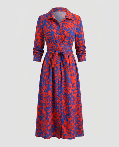 Women's Shirt Dress with Refined Waistline and Slit - Red colorway