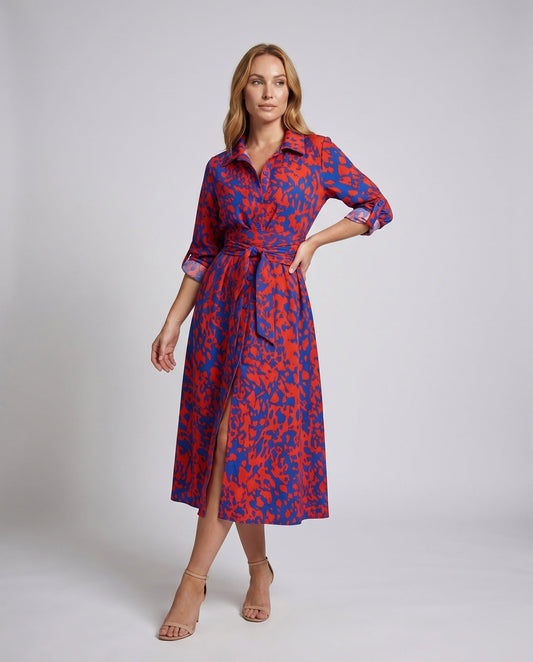 Women's Shirt Dress with Refined Waistline and Slit - front view
