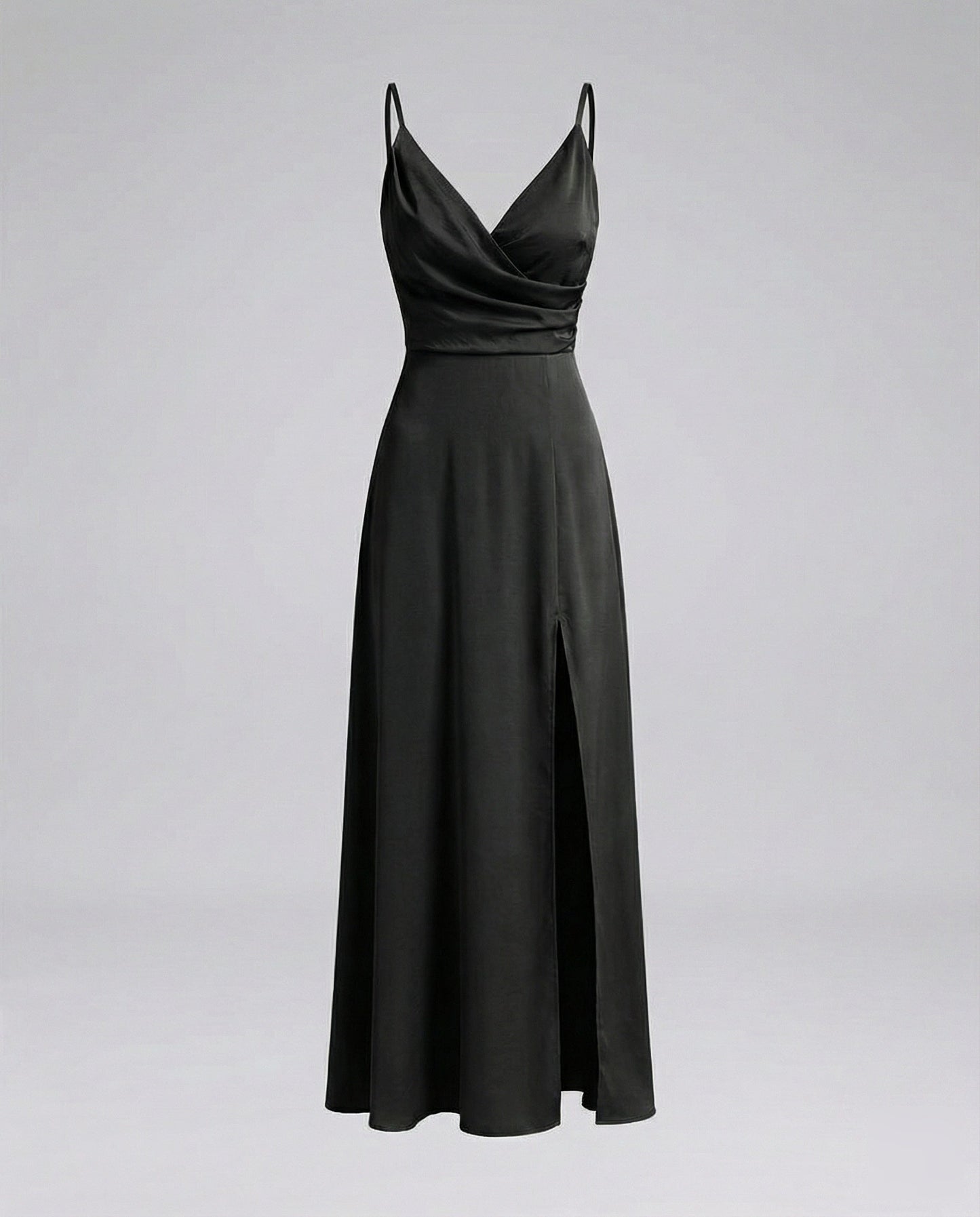 Women's Slit Satin Maxi Dress with Bustier Draping - Black colorway