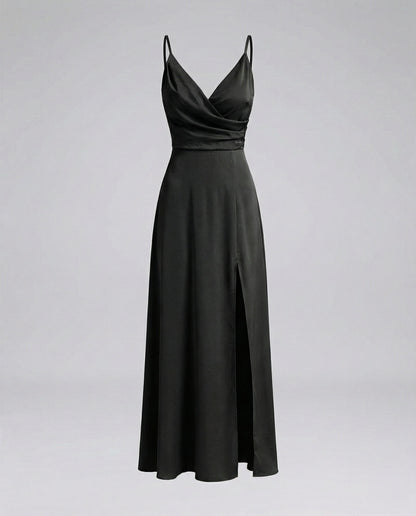 Women's Slit Satin Maxi Dress with Bustier Draping - Black colorway