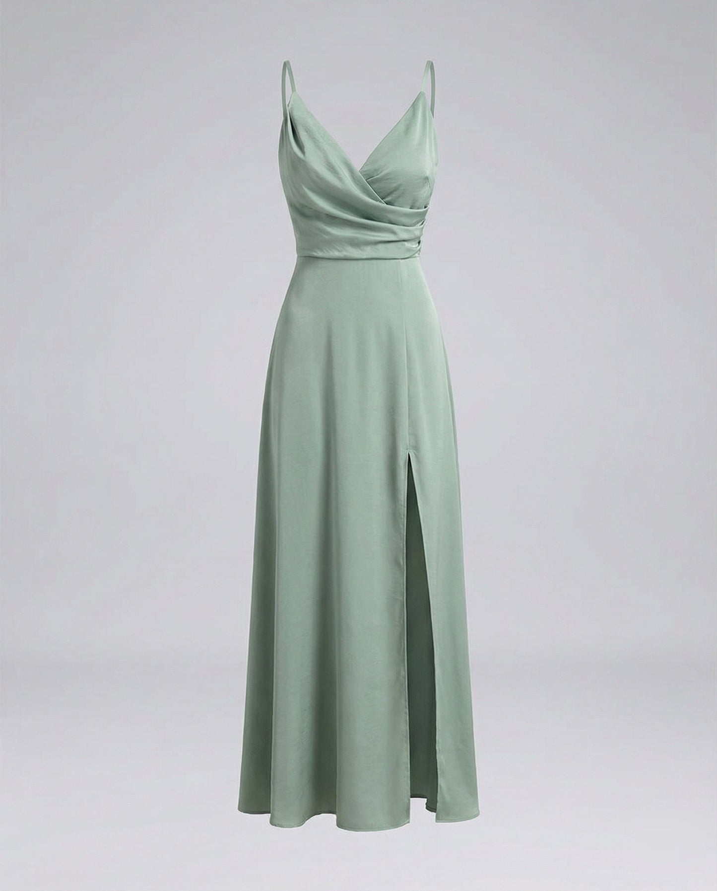 Women's Slit Satin Maxi Dress with Bustier Draping - Light Green colorway