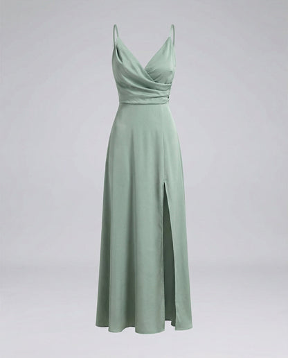 Women's Slit Satin Maxi Dress with Bustier Draping - Light Green colorway