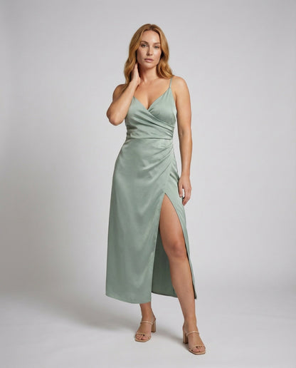 Women's Slit Satin Maxi Dress with Bustier Draping - front view