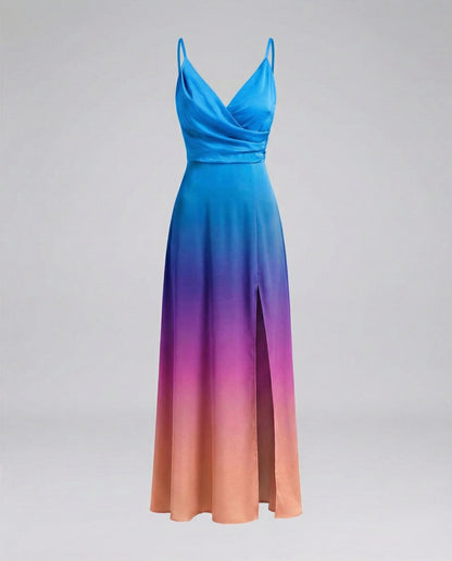 Women's Slit Satin Maxi Dress with Bustier Draping - Multicolor colorway