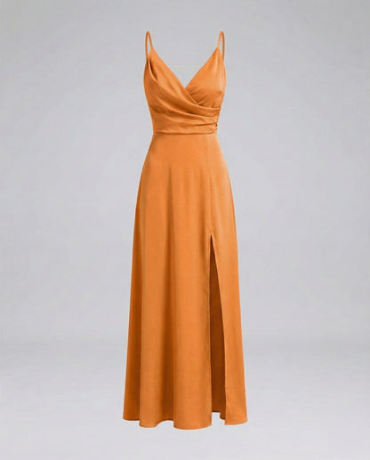 Women's Slit Satin Maxi Dress with Bustier Draping - Orange colorway