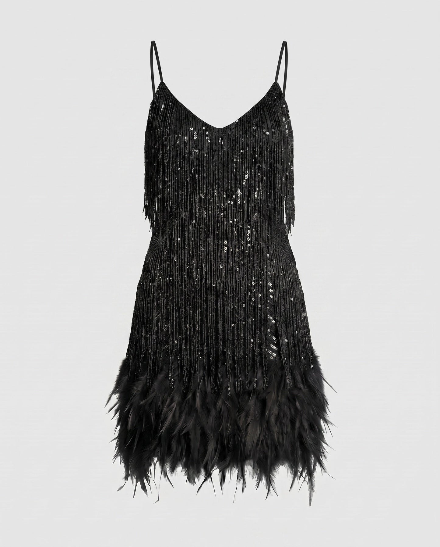 Women's Sparkling Fringe Mini Dress with Feathers - Black colorway