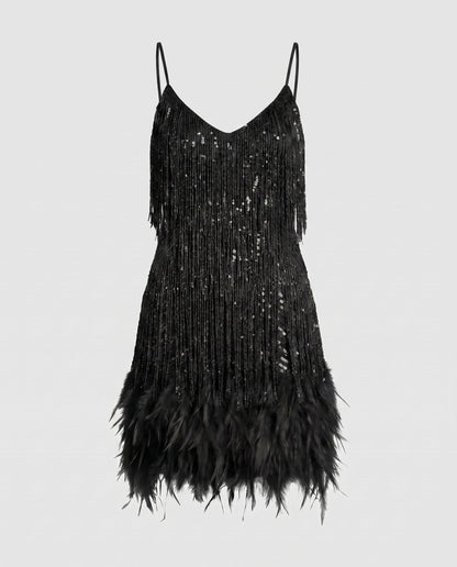 Women's Sparkling Fringe Mini Dress with Feathers - Black colorway