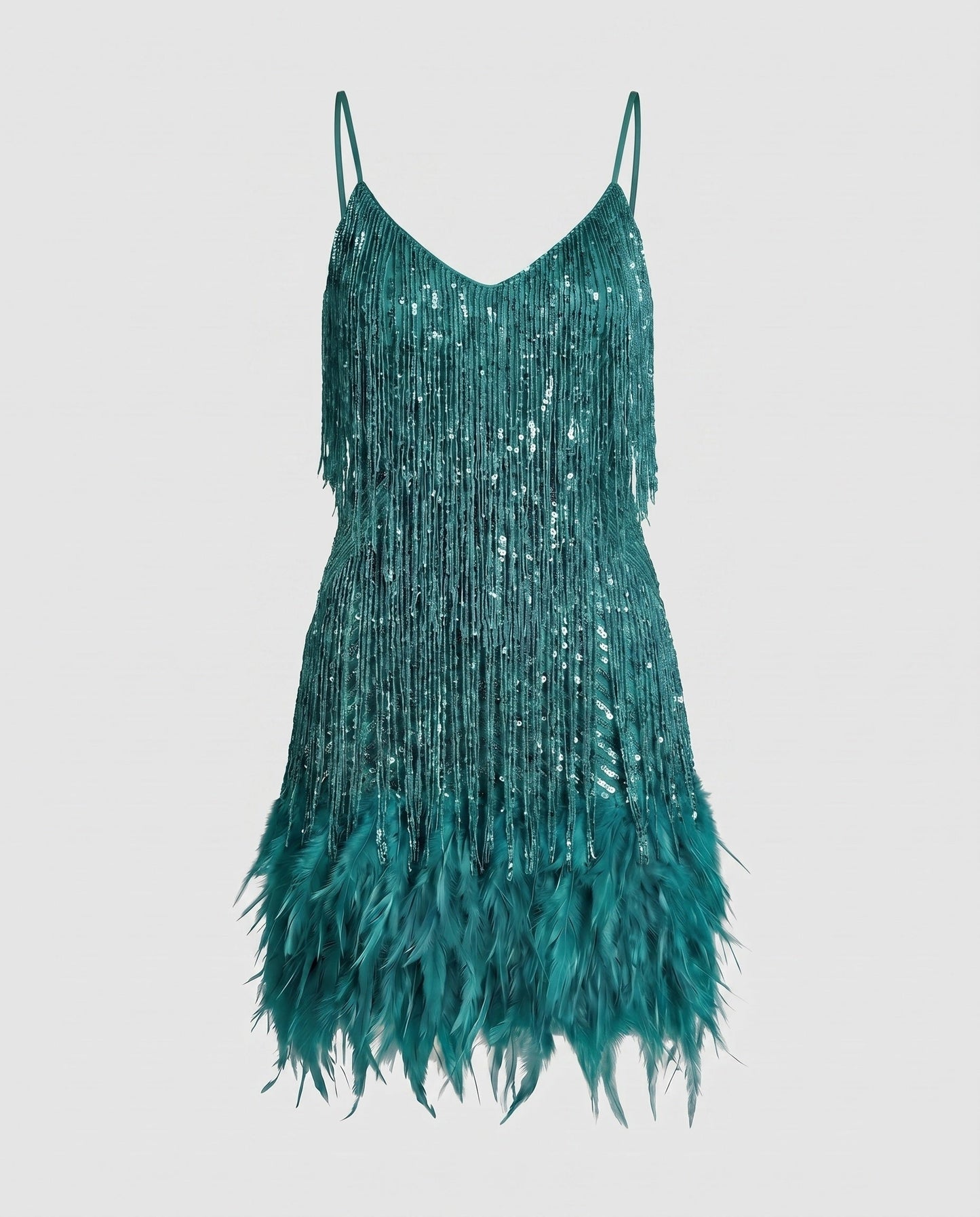 Women's Sparkling Fringe Mini Dress with Feathers - Dark Green colorway