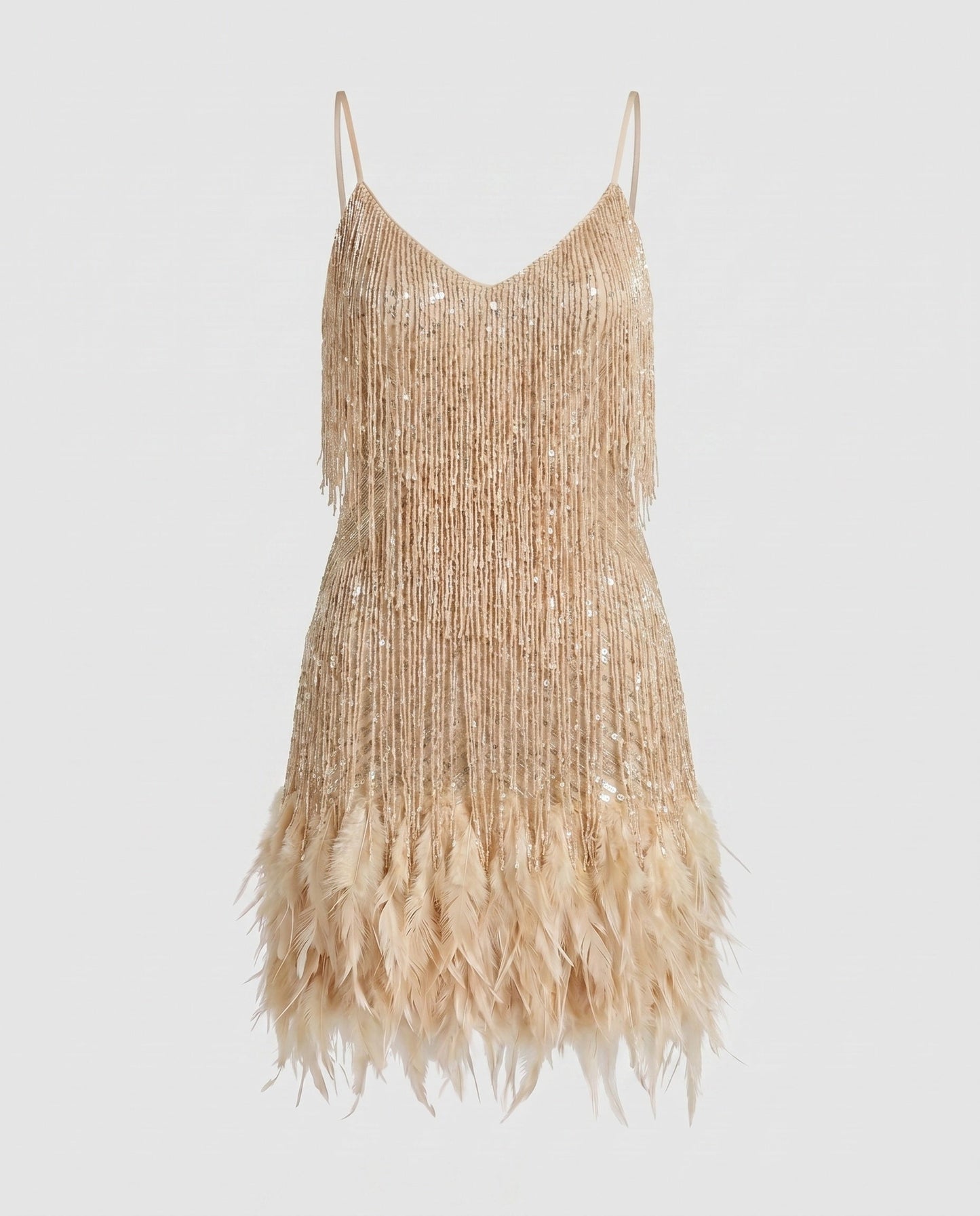 Women's Sparkling Fringe Mini Dress with Feathers - Gold colorway