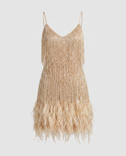 Women's Sparkling Fringe Mini Dress with Feathers - Gold colorway