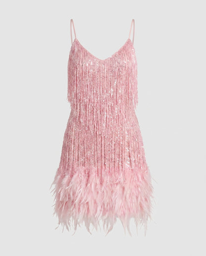 Women's Sparkling Fringe Mini Dress with Feathers - Pink colorway