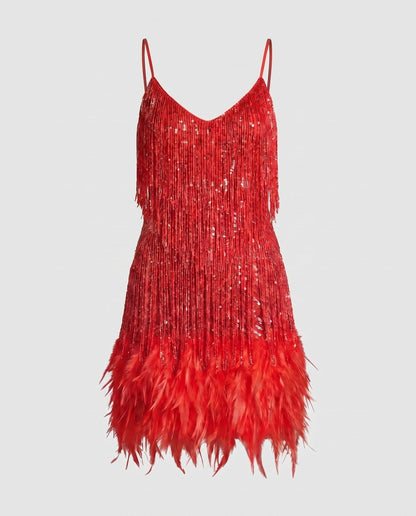 Women's Sparkling Fringe Mini Dress with Feathers - Red colorway