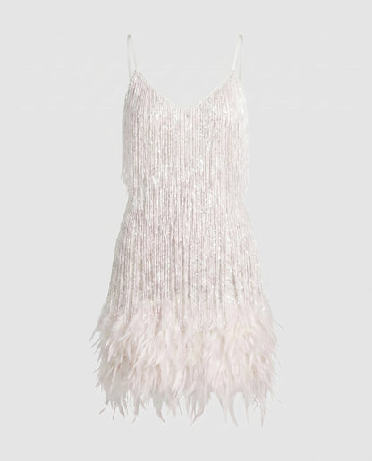 Women's Sparkling Fringe Mini Dress with Feathers - White colorway
