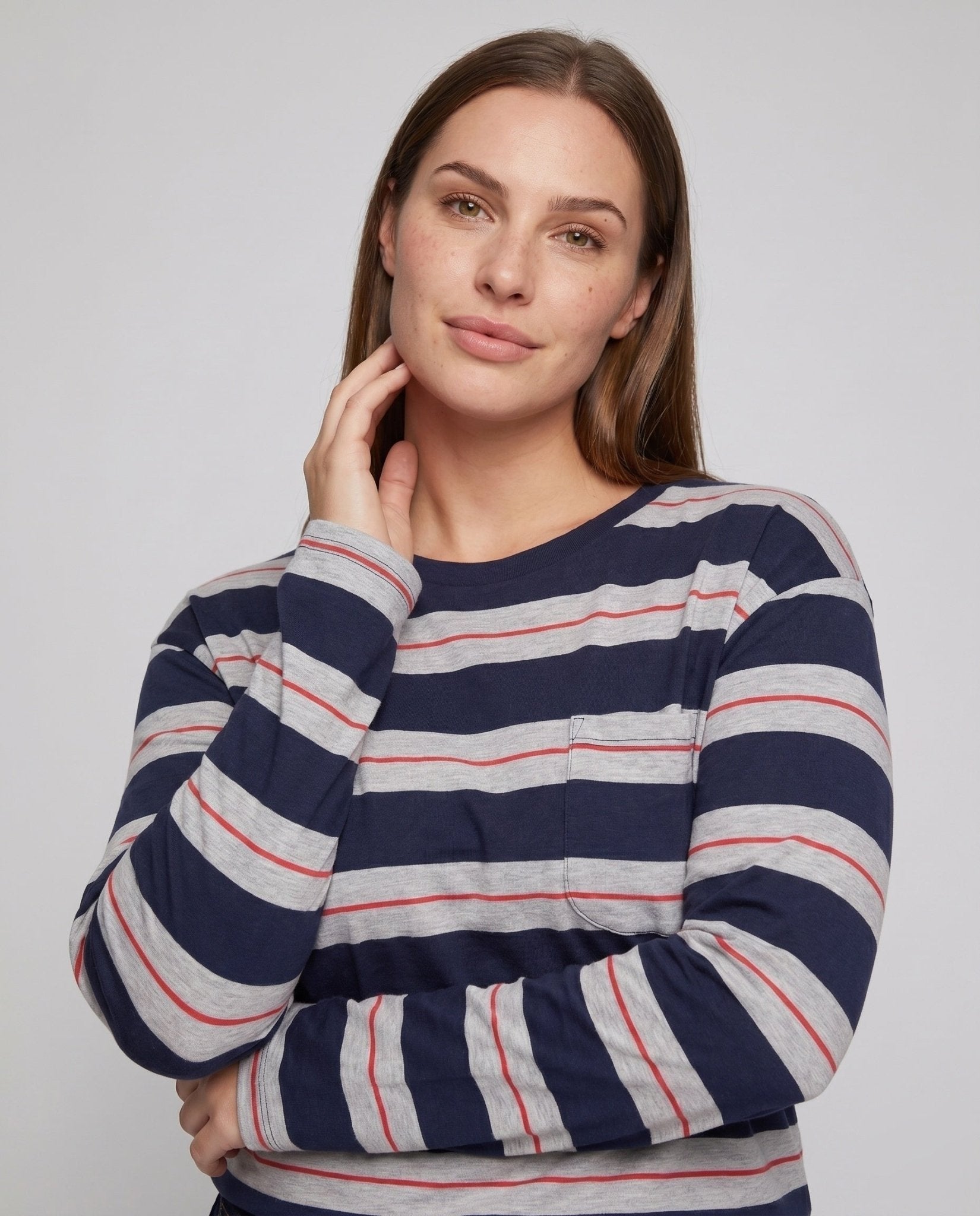 Women's striped long sleeve shirt with chest pocket and comfortable fit - Chichicherry